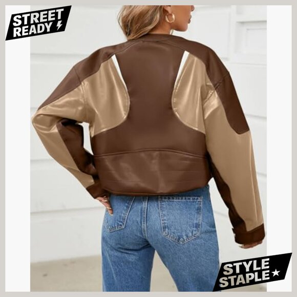 Faux Leather Cropped Bomber Jacket Zipper Moto Biker Coat Fall Casual - Picture 5 of 7